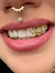 Fashionable Dental Braces, Floral Hollow Design, Everyday Simple Style, Full Rhinestones, Trendy Punk Jewelry, Plating, Tooth Gems