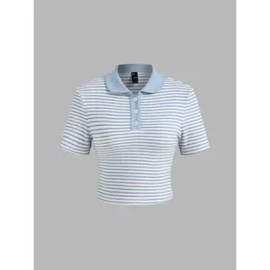 Cider [size 2-26] Terry Collar Striped Button Crop Short Sleeve Tee