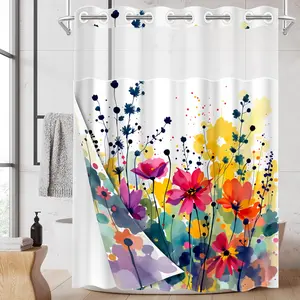 1PC 2D Flat Watercolor Colorful Wildflower Shower Curtain, Ink Splash Floral Art Design, Waterproof & Detachable Liner, Bathroom Curtain, Bathroom Decoration Accessories (No Hooks)