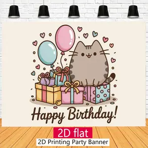 2D Flat, 2D flat banner, 1pc party banners Cute Cat Balloon Gift Happy Birthday. Suitable for party decor. Polyester wall art for farm, room, home, garden, club, cafe - outdoor & Winter n White
