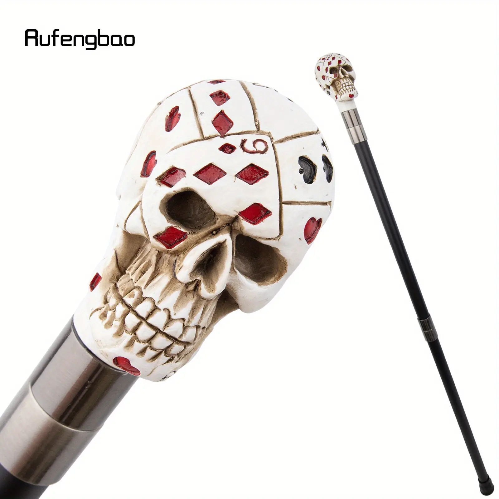 White Resin Skull Poker Head Walking Cane Cool Outdoor Fashion Decorative Steel Stick Gentleman Elegant Cosplay Cane Knob Crosier Hiking Stick Pole 94cm