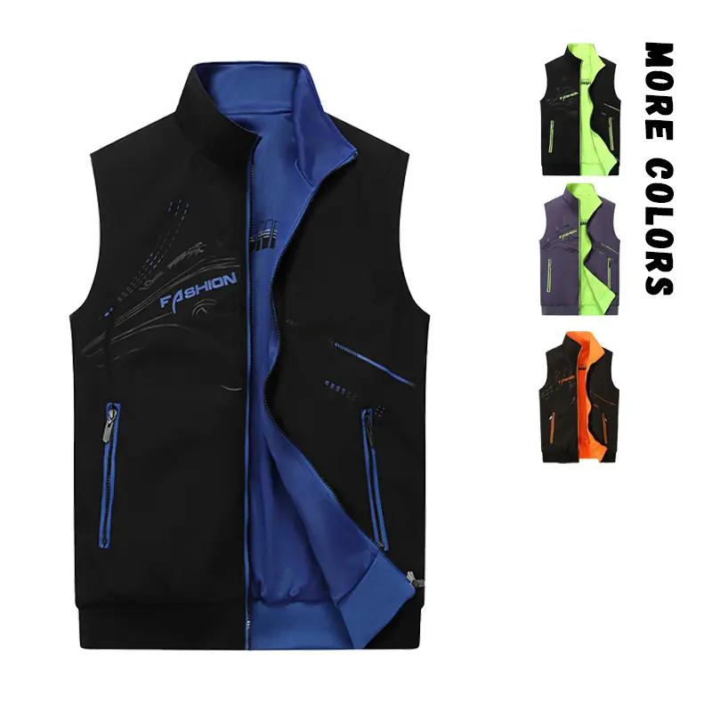 Stylish men’s reversible double-sided sleeveless vest with stand collar and zipper, windproof for outdoor sports, available in multiple colors