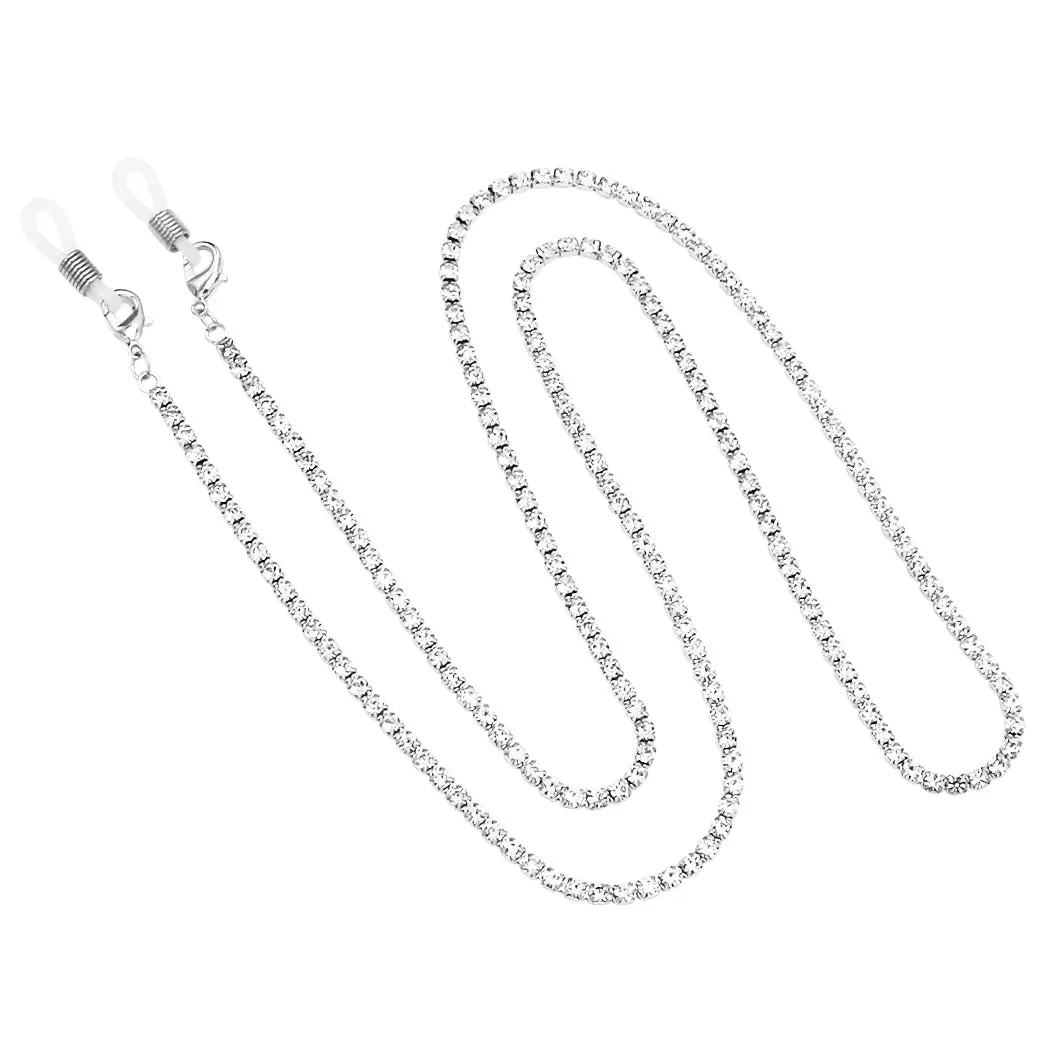 Adjustable 3mm Beaded Crystal Rhinestone Eyeglass Chain, 28.5" Silver-Tone Elegant Glasses Holder Necklace, Glamorous, Lobster Claw, Everyday, 28.5 Inches, Single Row, Lobster Clasp, 3Mm Beads, Hands-Free, 3Mm Glass Crystal Rhinestones