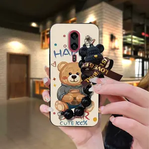 Waterproof soft case Phone Case For Fujitsu Arrows F-53E/Rakuraku Back Cover Skin-friendly feel Bear bracelet cute Dirt-resistant Simplicity Black pearl pendant silicone