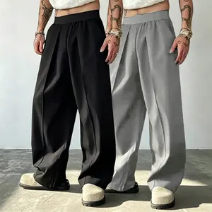 2PCS Men’s High-Waist Pleated Wide-Leg Pants, Elastic Waist Loose Streetwear Dress Pants for Casual Outfits