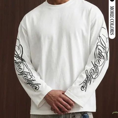 Men's Round Neck Long Sleeve Top, Casual Letters Print Loose-Fit, Spring & Fall, Outdoor, Party, Street Style, Trendy, Casual Streetwear Style