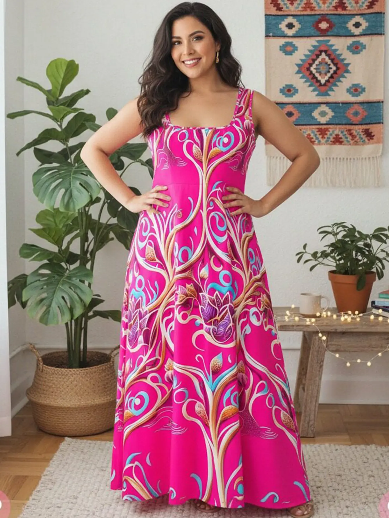 Women's Boho Midi Dress, Sleeveless Square Neck Casual Summer Sundress, Tropical Floral Print Beachy Style, Plus Size Available, Beachy Style Dress, Boho Bohemian Style, Female