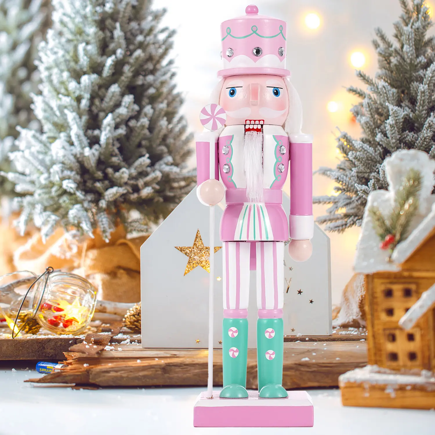 30cm Wooden Nutcracker Figurine Pink Green Candy Style Nutcracker Ornament, Christmas Home Tabletop Decor, Holiday Party Decoration Gift