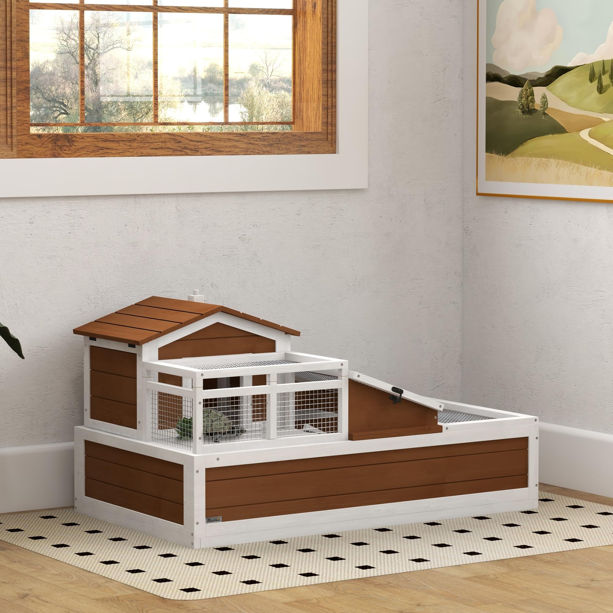 3- Room Tortoise House Habitat with Balcony & 2 Stories, Indoor/Outdoor Wooden Tortoise Enclosure with Ladder, Tray, Openable Roof, Large Reptile Cage, 44" x 25. 5" x 23"