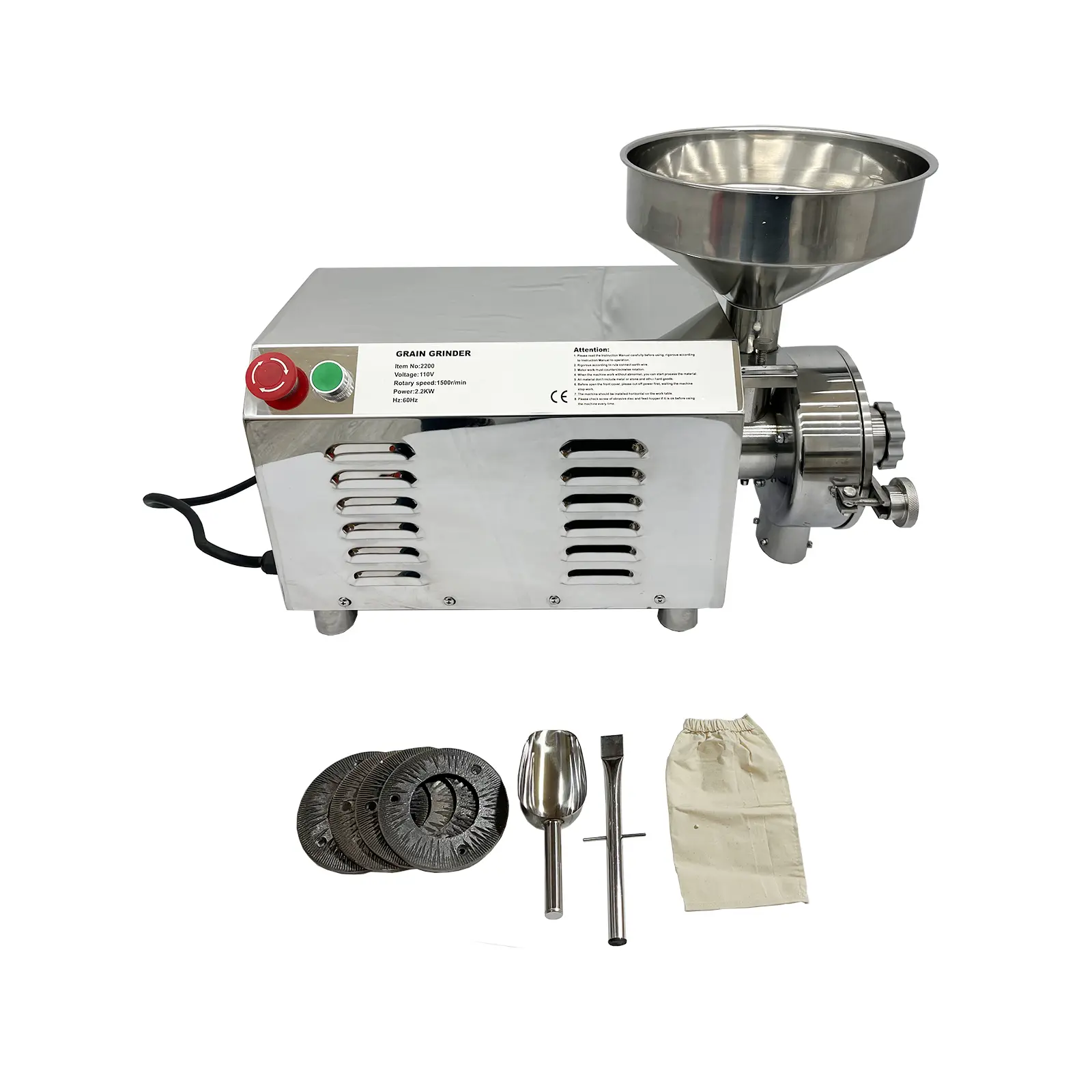 YOKOMA 110V Stainless Steel Grain Pulverizer, Commercial Horizontal Continuous Feeding Grinder For Daily And Industrial Grain Powder Making