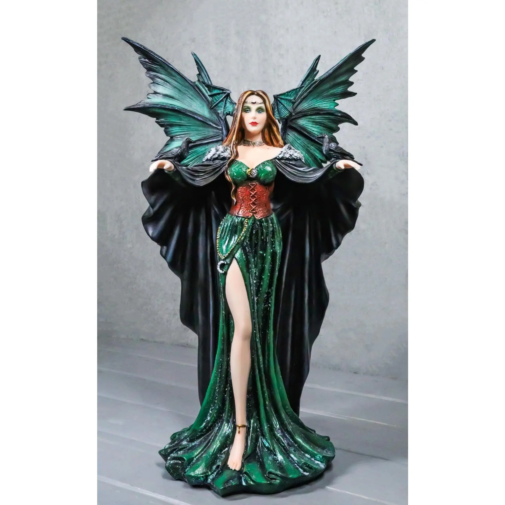 Large Gothic Dragon Fairy Queen In Long Green Robe With Ravens Statue 17"H