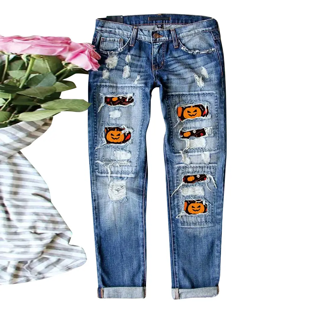 Women's Graphic Ripped Jeans, Straight-Leg Holiday Pants with Printed Patches, Street Style Bottoms in a Breathable Cotton Blend, Halloween, Foldable, Digital Print, All Over Print