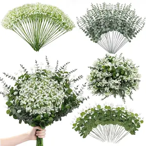 110pcs Mixed Faux Greenery: Real Babys Breath Artificial Flowers Bulk, Eucalyptus Stems & Frosted Silver Dollar for Rustic Wedding, Boho Farmhouse Table Centerpieces
