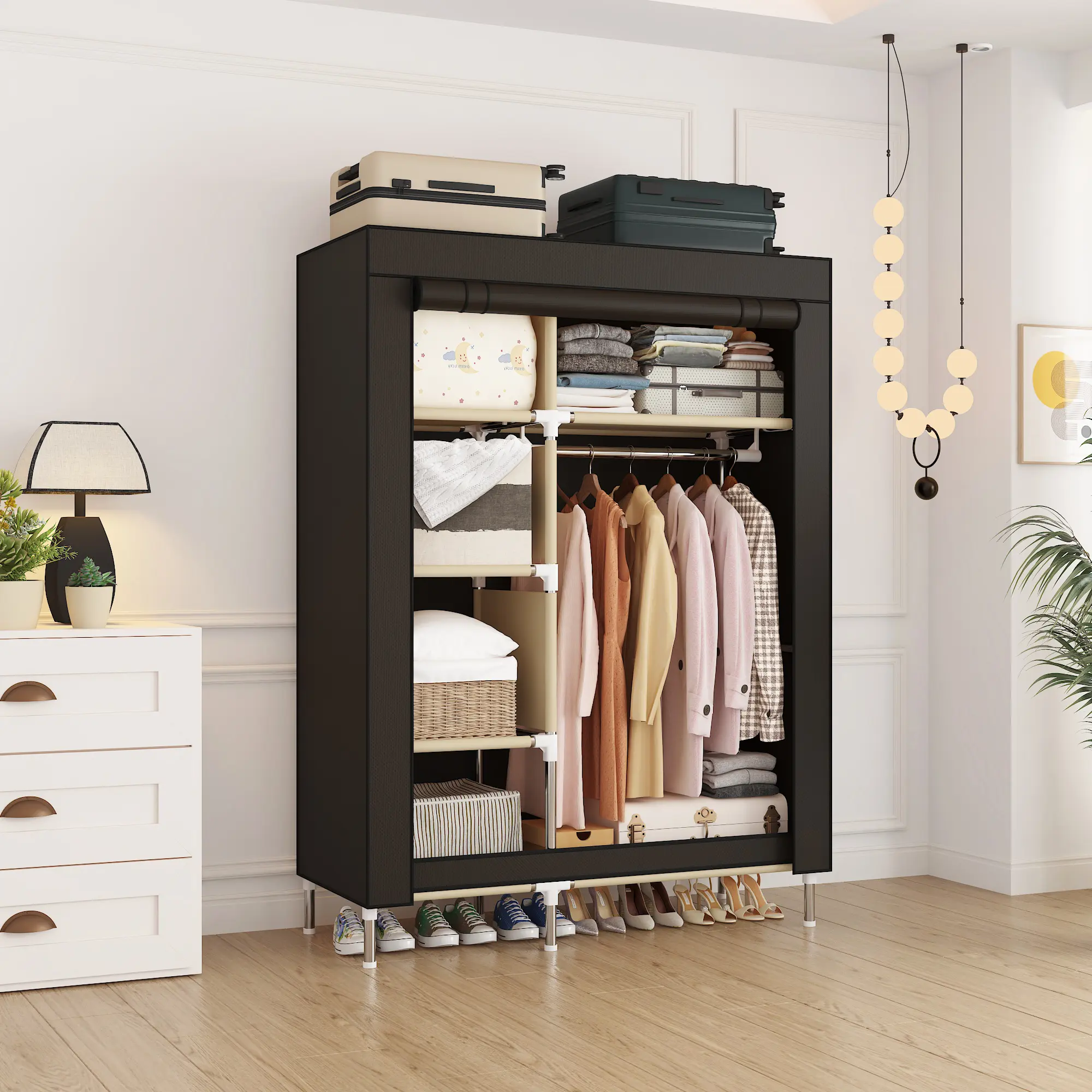 Portable Wardrobe Closet with Hanging Rod & Storage Shelves, Freestanding Clothes Organizer for Bedroom