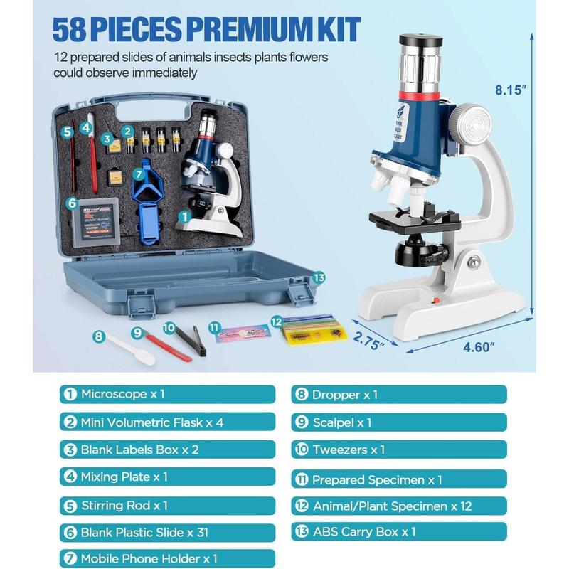 58-Piece Kids Microscope Kit - 100X-1200X Magnification, Metal Body, LED Light, Carrying Box - Science Experiment Toy for Kids Ages 5-12