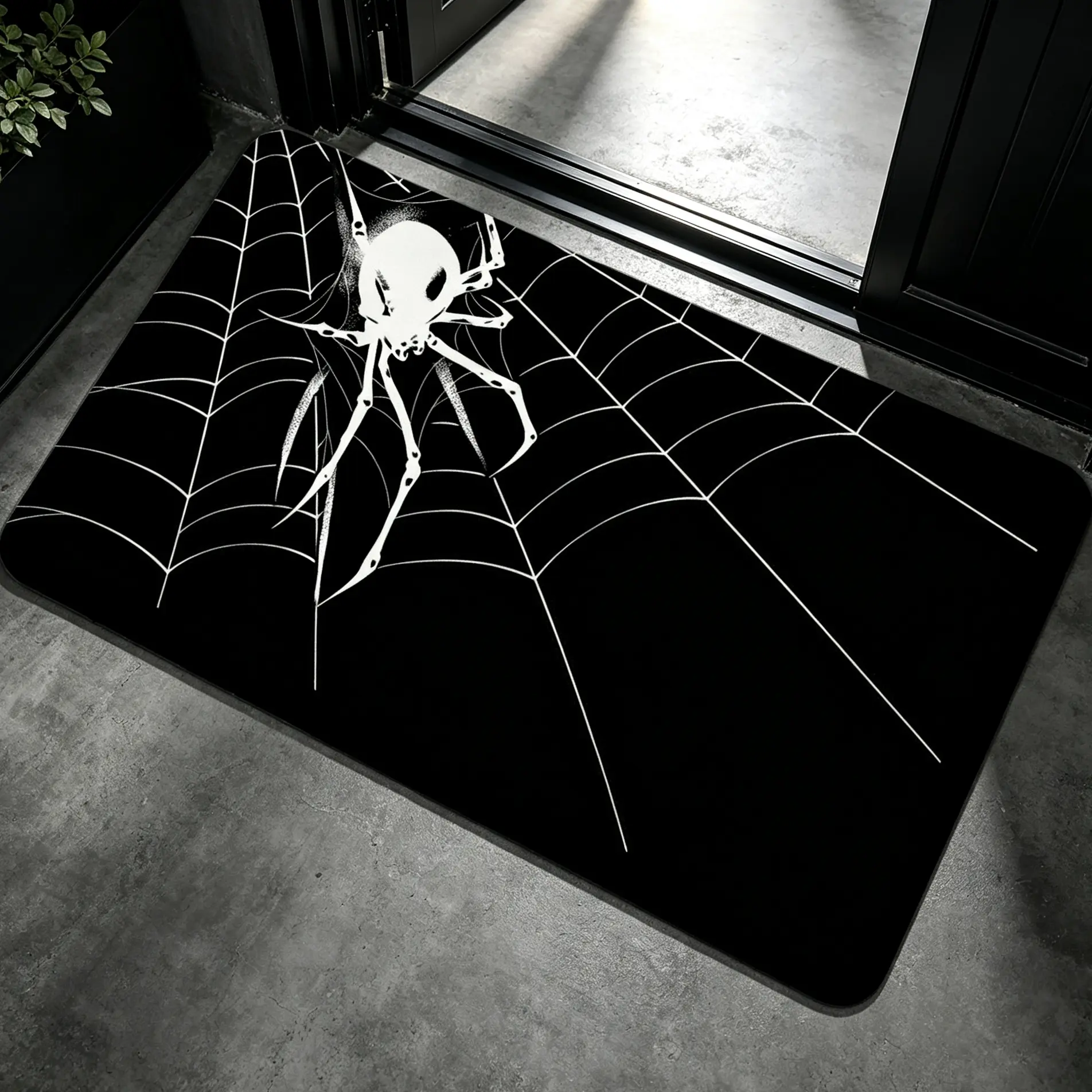 Edgy Gothic White Skeleton Spider Cobweb Print Flannel Doormat, Spooky Halloween Dark Aesthetic Absorbent Non Slip Low Profile Indoor Bathroom Floor Rug, Horror Alternative Style Decorative Entryway Welcome Carpet, Cool Goth Bedroom Shower Door Mat