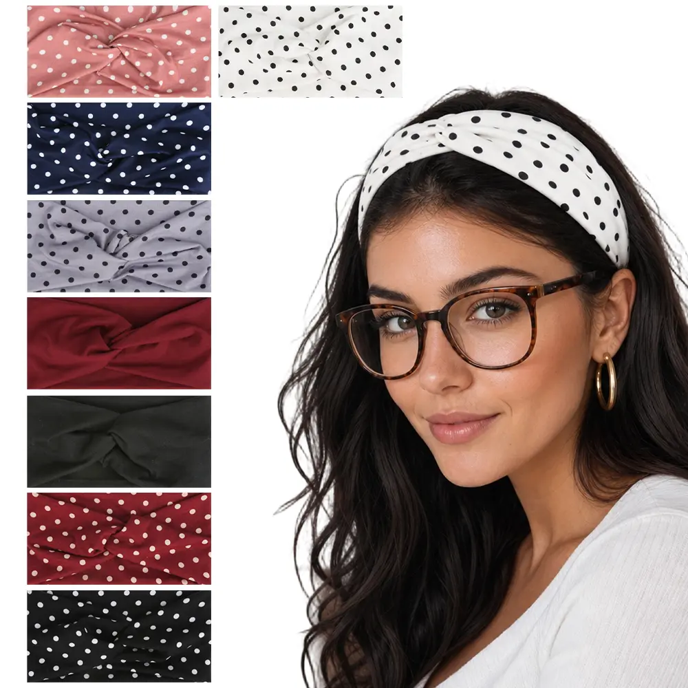 Women's 8-Pack Wide Polka Dot Boho Turban Headbands - Wrap Headbands for Thick or Thin Hair & Wigs, Fashion Hair Accessories, Thick/Thin Hair, Wrap Headband