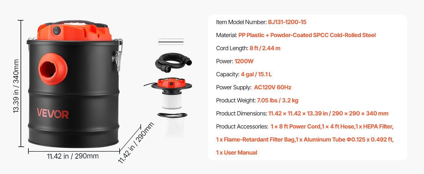 VEVOR Ash Vacuum 4 Gallon, 1200W Powerful Fireplace Cleaner Steel Body, for Fireplaces, Pellet Stoves, Wood Stoves, Fire Pits, Grills, Double Stage Filtration System, 4 FT Hose, Black & Orange