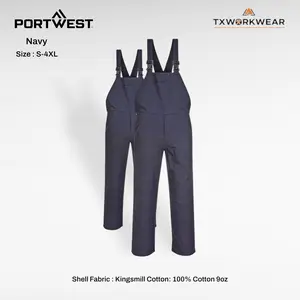 Portwest Men's Plain Cotton Bib-and-Brace Overalls C881 - Durable Construction Workwear, Adjustable Straps, Multiple Pockets, Machine Washable, All-Season Men's Work Overalls