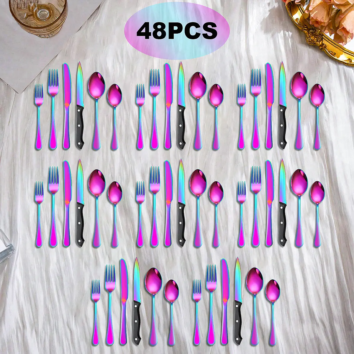 8-Person 48-Piece Cutlery & Tableware Set, Rainbow Gradient/Black/Rose Gold, Dishwasher Safe, Durable, Chip Resistant, Easy to Maintain, Stylish for Brunch & Family Banquet (Includes Dinner Forks)