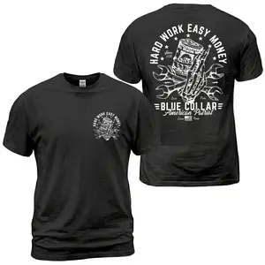 Hard Work Easy Money Blue Collar T-Shirt, American Patriot Tool Graphic Tee, Wrench And Cash Back Print Shirt With Front Chest Badge, Working Class Outfit, Soft Cotton Tee Gift For Men and Women