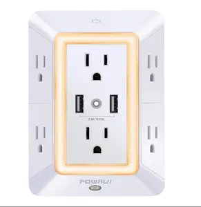 USB Wall Charger, Surge Protector, POWRUI 6-Outlet Extender with 2 USB Charging Ports (2.4A Total) and Night Light, 3-Sided Power Strip with Adapter Spaced Outlets - White，ETL Listed
