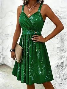 New Plus Size Women's Spring Summer Chic Print Cross Front V Neck Dress, Thick Straps, A-Line Skirt, Waist Tie, Perfect for Dates, Daily Wear and Casual Wear