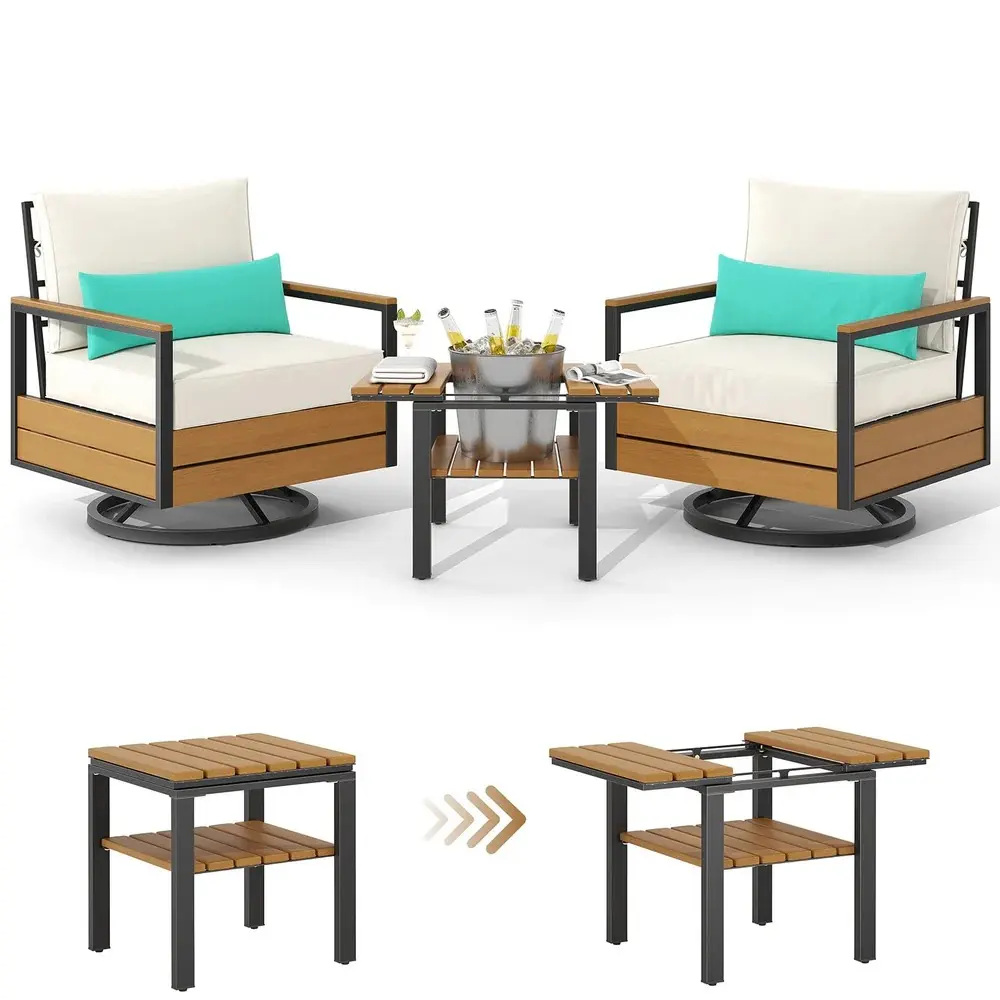 SIKAIC 3-Piece Outdoor Patio Furniture Set, Swivel Armchair & Side Table, Beige Patio Conversation Set