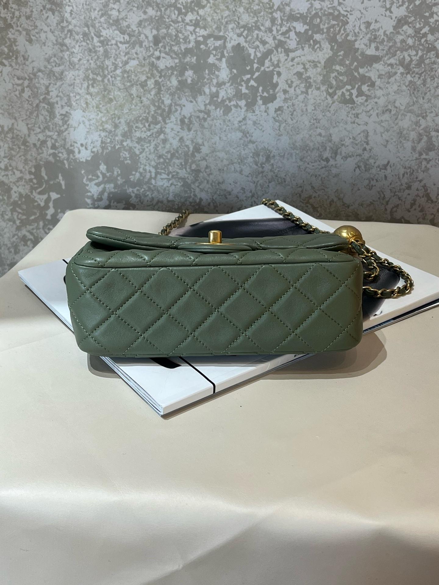 Pre-owned CHANEL Mini Rectangular Classic Flap Bag in avocado green lambskin, featuring the iconic adjustable gold ball chain 1919H0106