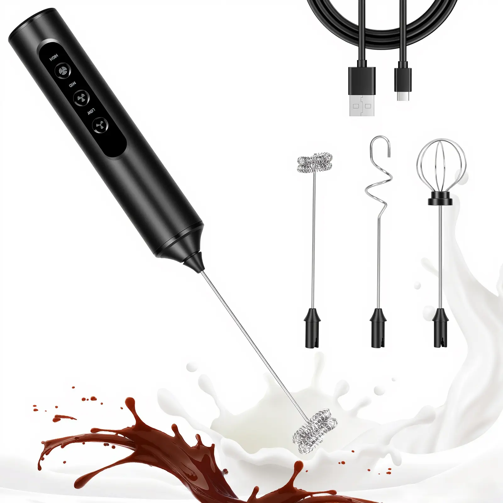 Stainless Steel Rechargeable Handheld Electric Milk Frother - USB-C Charge, 3 Detachable Whisks, 3 Speed Settings, Portable Foamer for Travel, Lattes, Matcha, Protein Powder, Balloon Whisk Eggs, Black, Portable Foamers, Usb Charge