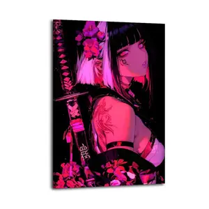 Anime Girl with Katana And Flowers Artistic Wall Decor, Waterproof Canvas Poster, Cute And Vibrant Poster for Bathroom, Living Room, Bedroom, Dorm, A Perfect Gift Idea for Home Decor