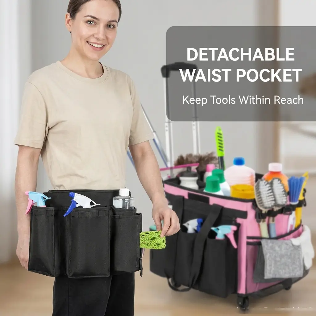 Cleaning Caddy Bag with Detachable Trolley, Large Rolling CADDY BAG Waterproof Cleaning Caddy on Wheels for Housekeepers, Cleaning Cart Supplies Organizer for Home,Car,Office,Picnic (Pink)