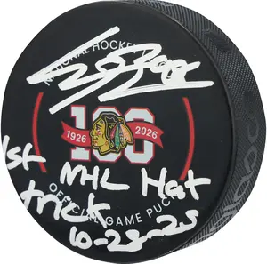Connor Bedard Chicago Blackhawks Autographed 100th Anniversary Official Game Puck with "1st NHL Hat Trick 10/28/25" Inscription - Fanatics Authentic Certified