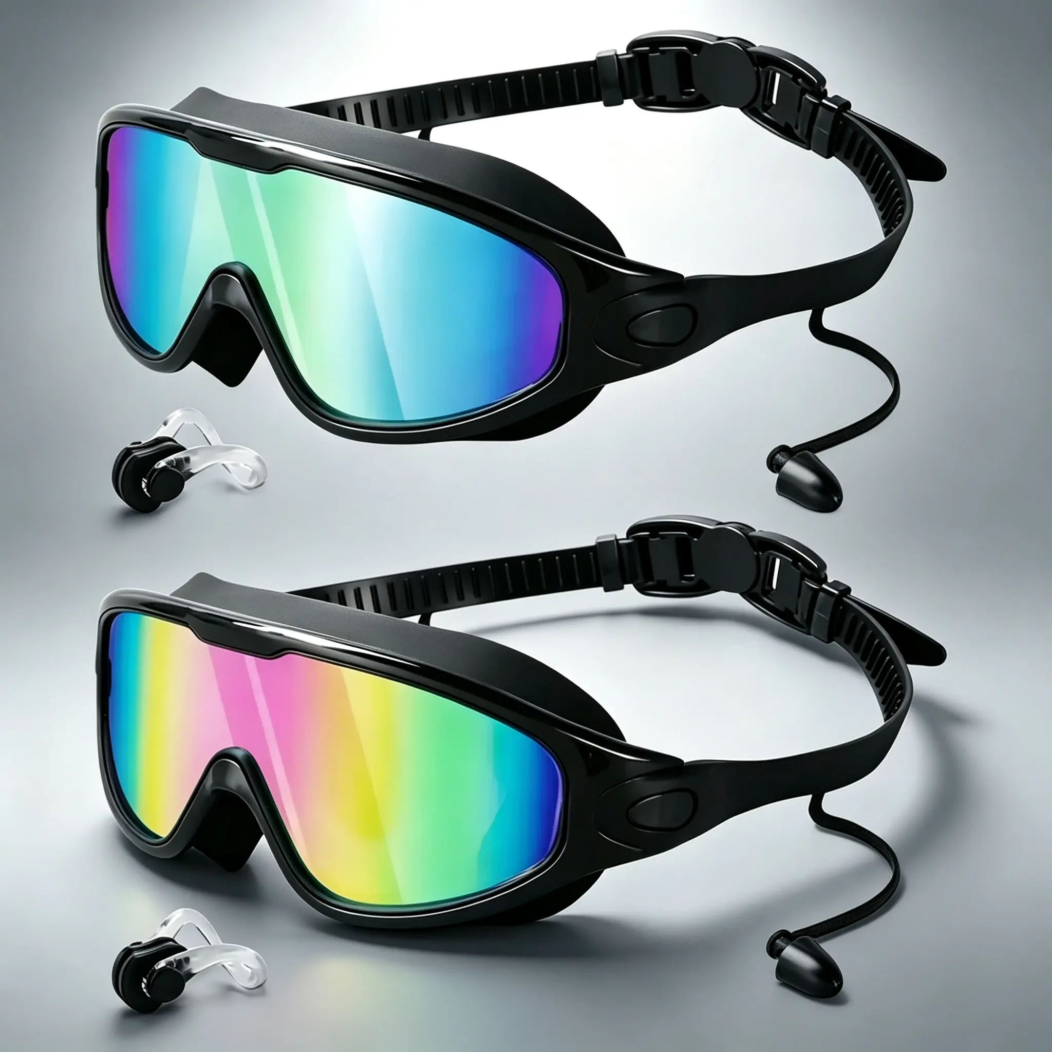 Summerwins 2-Pack Swim Goggles with Nose Clip & Earplugs, 180 Wide Vision, Anti-Fog, UV Protection, Leakproof Swimming Glasses for Adults & Kids, Pool Use, Kids Swim Goggles
