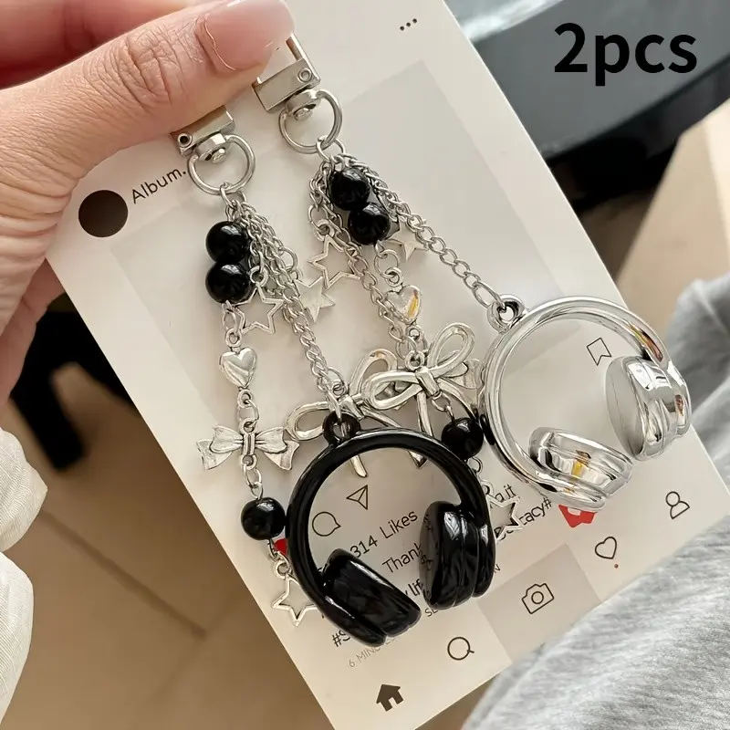 Cute Creative 3D Beaded Earphone Keychain Set, Phone Pendant, Backpack Hanging Accessory, 2pcs, Fashionable & Functional Design, Keychain Kawaii