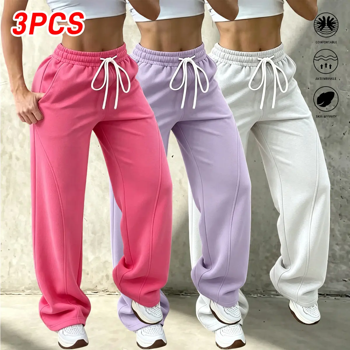Set of 3 women’s loose casual fleece cotton loungewear pants for autumn/winter, solid color basic office wide-leg pants with a simple design that’s versatile; women’s sports pants made from comfortable fabric with a casual drawstring waistband and a relax