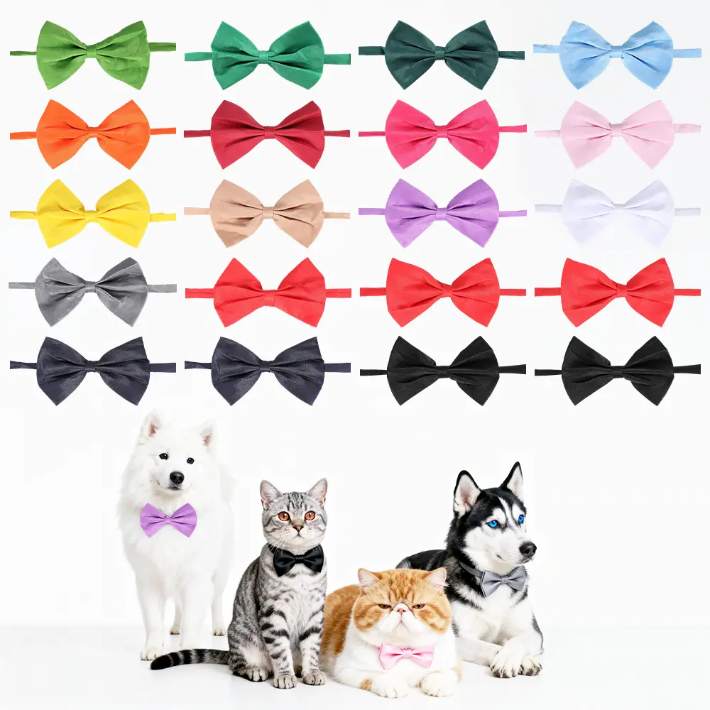 20-Piece Adjustable Fit Pet Collar & Bow Tie Set Pack, Mix Colors Solid Grooming Accessories for Small-Medium-Large Dogs and Cats