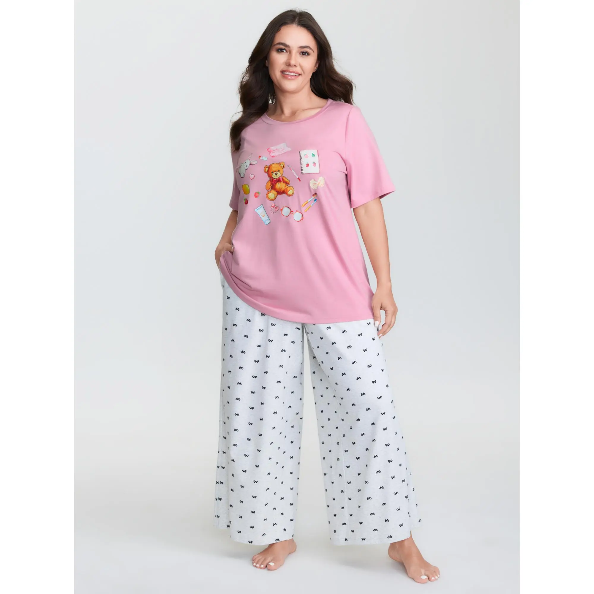 Lady's Shortsleeve Teddy Bear Graphic Spandex Fabric Lounge Top - Women's Loungewear, Pajama Garment, Nightwear, Summer Finds, Polyester, Rayon, Machine Wash, Fit, Polyester Blend, Playful Look, Regular Length, Round Neck