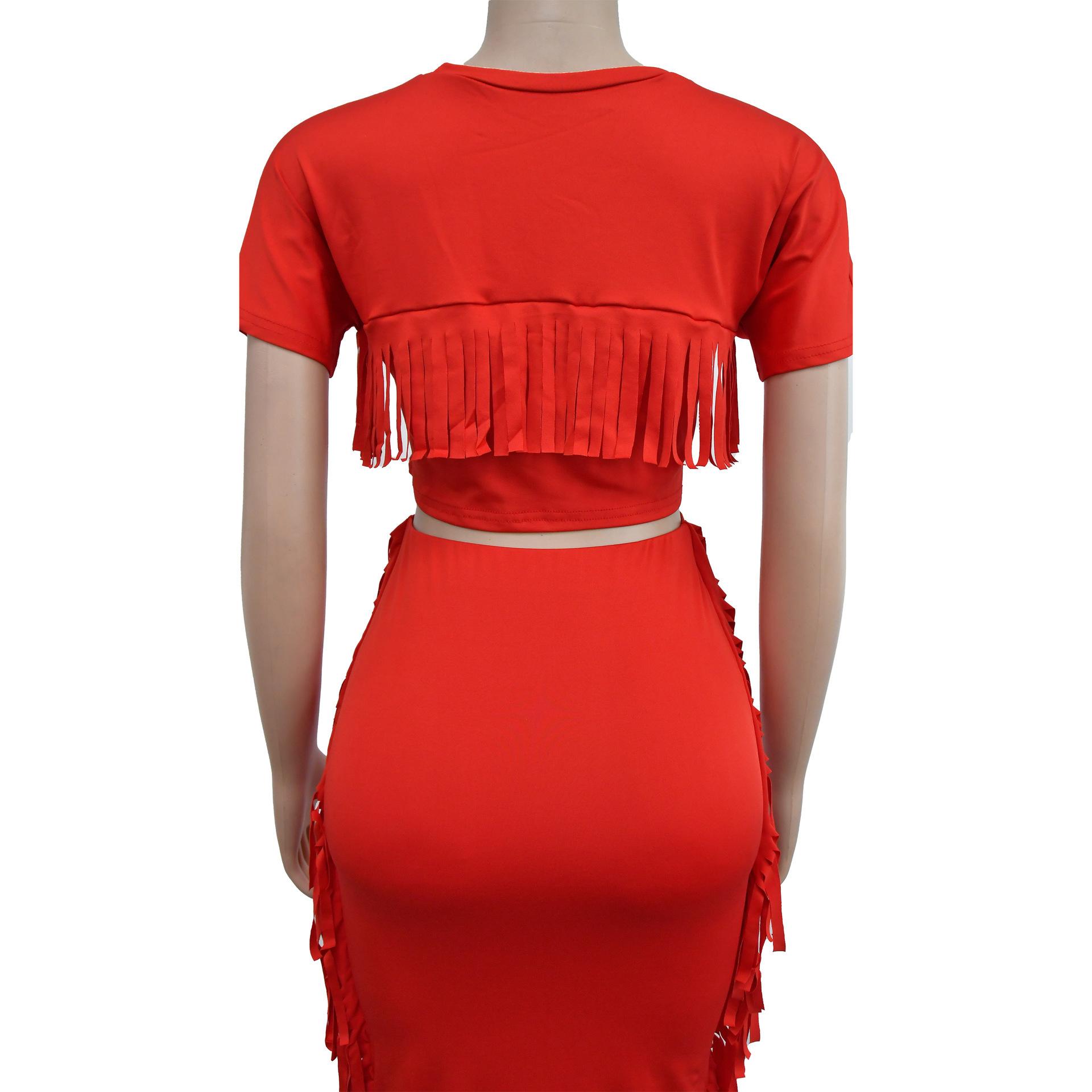 FashionableStyle Solid Color Fringe Round Neck Short Sleeve Long Dress Two-Piece Set