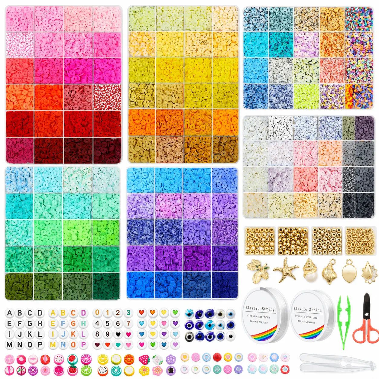Polymer Clay Beads Jewelry Kit - 23000Pcs 144 Vibrant & Colorful Flat Heishi Beads in 7 Boxes, with Pendant Charms for Friendship Bracelet Making, Creativity Crafts Gift for Girls Ages 6-12