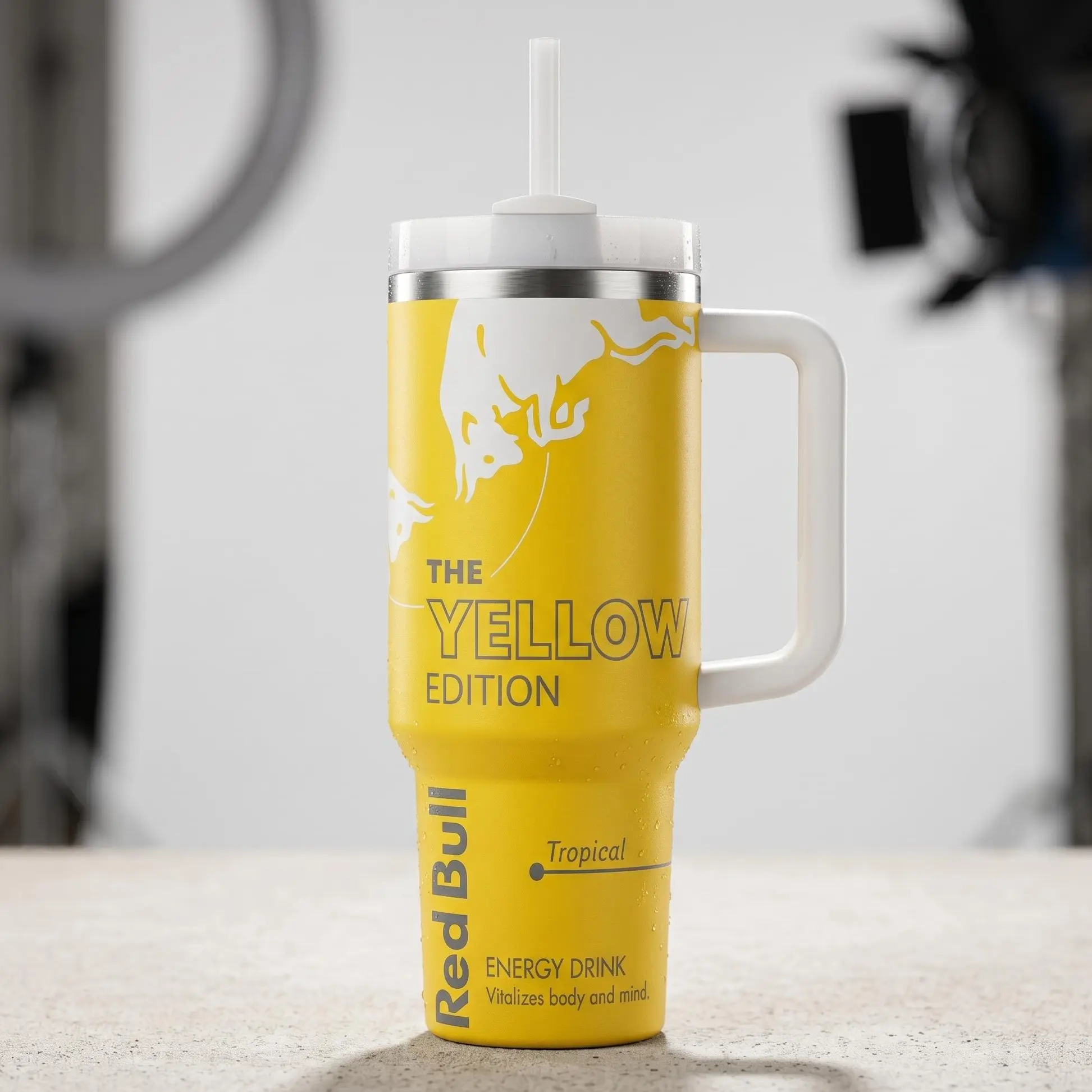Tropical Yellow Edition Bull Tumbler Cup, Bull Season Flavor Energy Drink Custom 40oz/30oz Insulated Tumbler with Handle & Straw | Energy Drink Inspired Travel Mug for Hot & Cold Drinks
