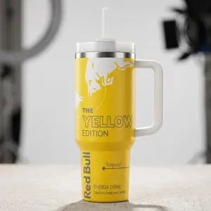 Tropical Yellow Edition Bull Tumbler Cup, Bull Season Flavor Energy Drink Custom 40oz/30oz Insulated Tumbler with Handle & Straw | Energy Drink Inspired Travel Mug for Hot & Cold Drinks