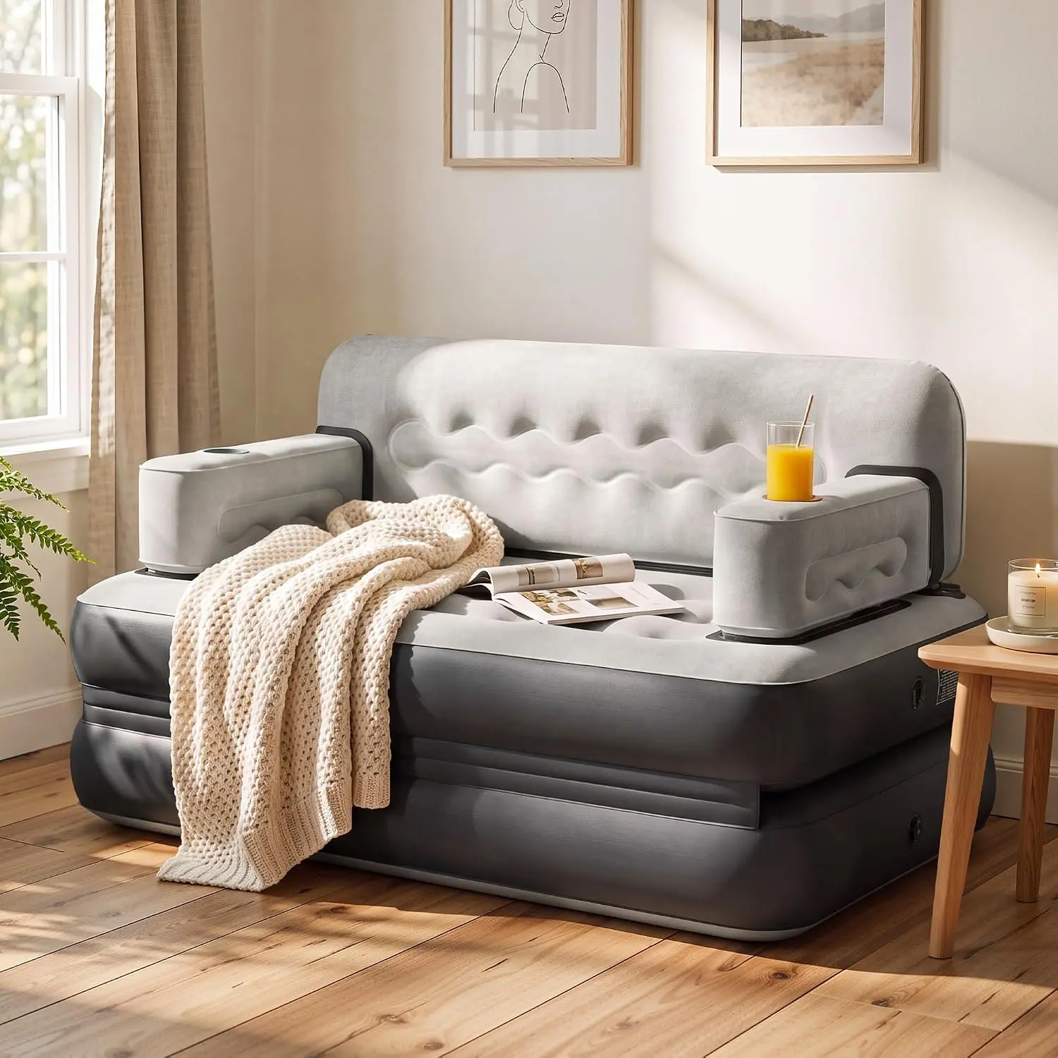 YITAHOME Queen Size Inflatable Air Sofa Bed with Headboard, Included Air Pump, Cup Holders, Storage Compartments - Indoor Living Room Sofa Furniture for Living Room Decor, Relaxation