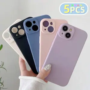 5-piece solid color  case set, suitable for iPhone16/15/14/13/12/11, XS, XR, X, 7/8, Mini, Plus, Pro, Pro Max - Anti-collision p