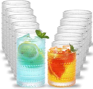 Hobnail Drinking Glasses Set of 12, 12 Oz Highball Glasses & 10 Oz Cocktail Glasses, Clear Embossed Boho Glass Cups Kitchen Bar Tumbler Glassware Set for Whiskey, Beer, Juice, Milk