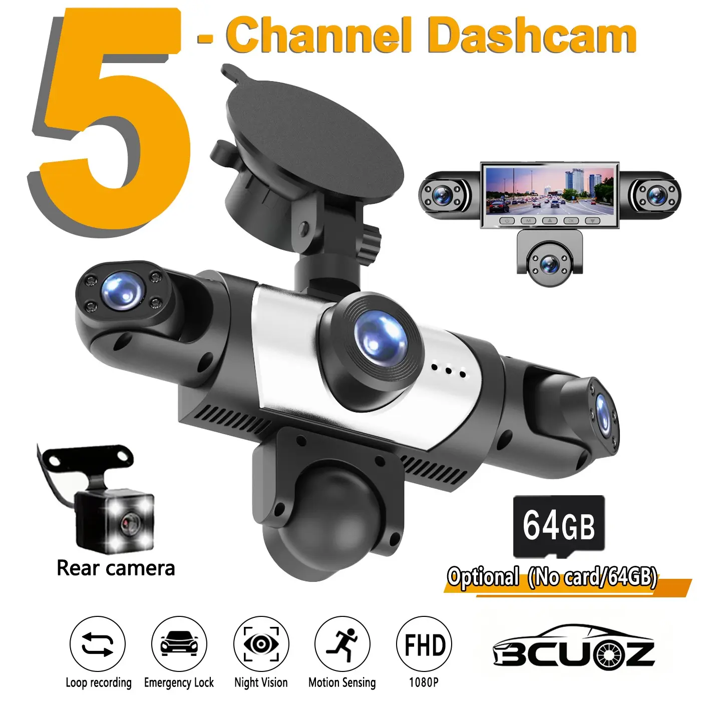 Five-Channel Car Dvr Camera, Multi Camera Dashcam, Front 1080P, Rear 720p, LED Display, Button Control, Rechargeable Battery, Night Vision, Loop Recording, Dashcams For Cars