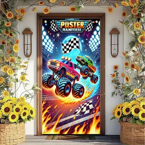 2D door curtain advertisement 1 piece - Dinosaur Truck Racing Polyester Door Curtain - Suitable for indoor and outdoor artistic decoration in homes, offices, bedrooms, kitchens, living rooms, study rooms - Suitable for weddings, kdj