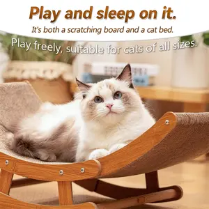 Aesthetic Boho Rocking Cat Scratcher Bed for Indoor Cats, Natural Sisal Curved Cat Scratching Lounge with Solid Wood Frame, Calming Anti-Anxiety Cat Rocker Chair, Non-Shedding, Comfy Cat Bed for Medium Large Cats Kittens, Easy to Assemble