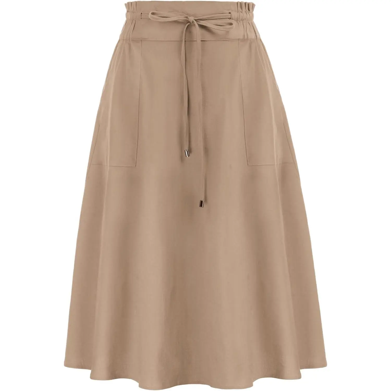 Women Casual Cotton Linen Skirts Frill Tie Waist A-Line Midi Skirt with Pockets S-XXL
