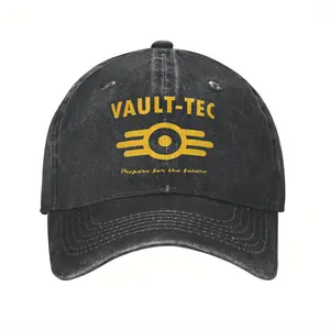1pc Fallout 4 Vault-Tec Logo Baseball Cap - Classic Washed Distressed Dad Hat, Adjustable Snapback Lightweight Unisex Outdoor Sun Hat for Men & Women, Perfect Gift for Gamers & Fallout Fans, Casual Headwear, Gamer Headgear, Hiphop Style Apparel, Printed